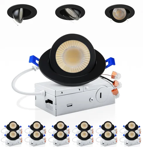 Vista 10 de Adetu Iluminación empotrable LED negra de cardán 5CCT de 2 pulgadas con caja de conexiones, luces empotrables LED ajustables de 360°+90°