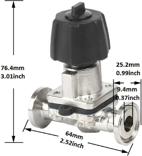 Vista 6 de QiiMii SS316 Tri clampmini válvula de diafragma 1/2" con membrana de EPDM+PTFE, válvula de membrana de abrazadera 1/2" con brida de abrazadera 25,2
