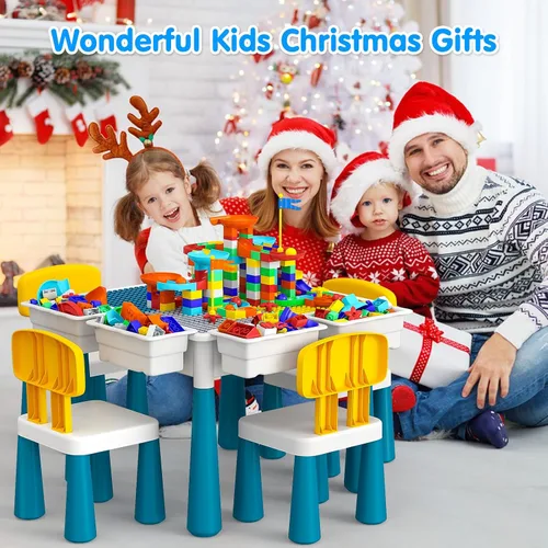 Vista 9 de OCATO Juego de mesa y 4 sillas para niños pequeños: mesa de actividades con 152 piezas de bloques de construcción grandes de mármol