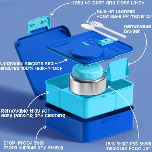 Vista 5 de Fimibuke Lonchera Bento para niños y adultos, recipiente de almuerzo para niños pequeños de 3-4 compartimentos, 60 oz, con frasco de comida aislado