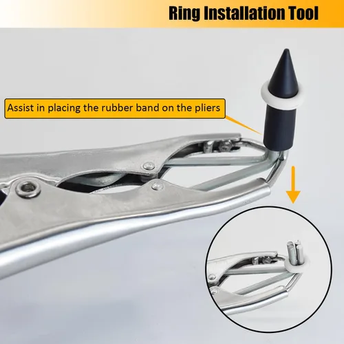 Vista 5 de Kit de bandeo para cabras, alicates de bandeo de acero inoxidable con 150 anillos de 2 tamaños, herramienta de instalación de anillos, herramienta
