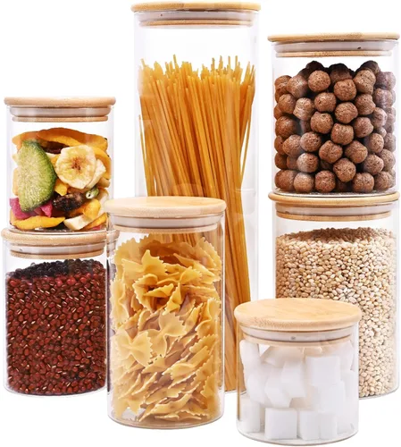 Vista 23 de SHOWIN Tarros de almacenamiento de pasta de vidrio de 73 onzas, tarros altos de vidrio con tapas de bambú, contenedor de espagueti, juego de 3