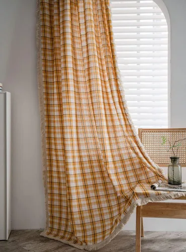 Vista 2 de Cortina a cuadros de búfalo naranja con borlas de algodón y lino bohemio para ventana, bolsillo para barra, cortina semiopaca para dormitorio, sala