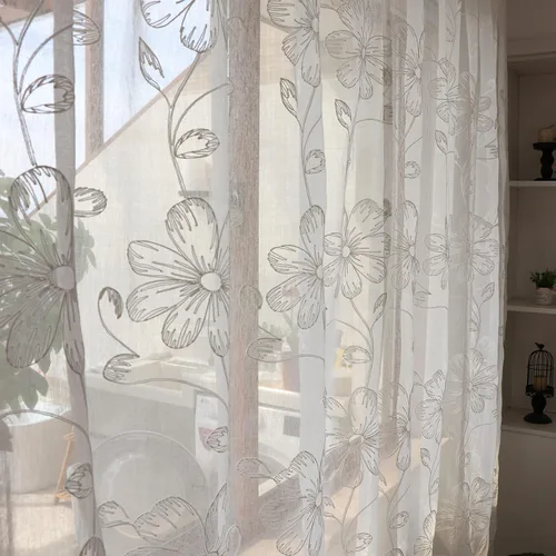 Vista 3 de SLOW SOUL Juego de 2 paneles de cortinas traslúcidas de lino sintético semitransparente con flores blancas, cortinas bordadas para dormitorio, sala