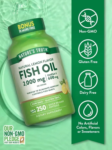 Vista 3 de Nature's Truth Pastillas de aceite de pescado sin eructos de 2000 mg 600 mg de Omega 3 250 cápsulas blandas Sabor natural a limón Suplemento
