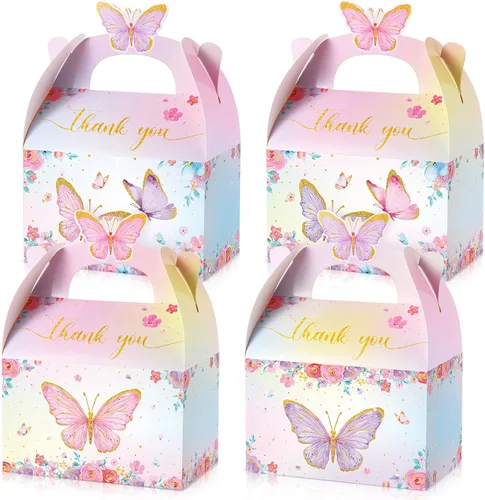 Nezyo - 12 cajas de regalo de fiesta de mariposa, cajas de regalo de dulces de papel floral rosa morado a dos aguas con mango de mariposa para