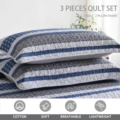 Vista 5 de Juego de ropa de cama con colcha Homzard tamaño individual - Juego de edredón 100% algodón, colcha de cama gris y azul para la cama, ropa de cama