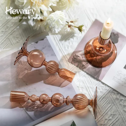 Vista 3 de Hewory Juego de candelabros de cristal: 3 portavelas marrones para velas a granel, candelabros acanalados de cristal, decoración para centro