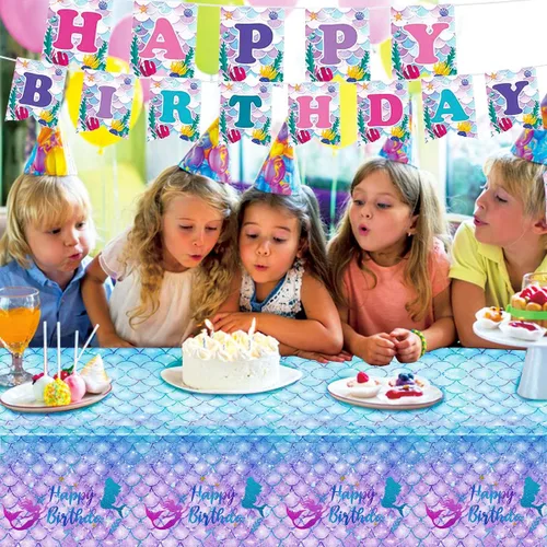 Vista 6 de 1 mantel de cumpleaños de sirena para decoración de fiesta de cumpleaños, funda rectangular desechable de plástico para suministros de fiesta