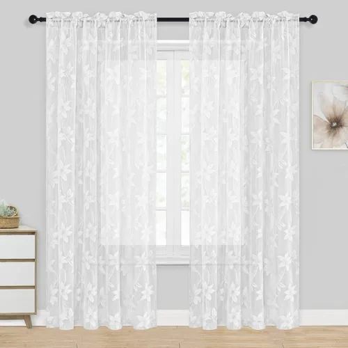 Vista 49 de DWCN Cortinas traslúcidas para cocina, bolsillo para barra de encaje floral beige, 52 x 36 pulgadas, 2 paneles Encaje Beige