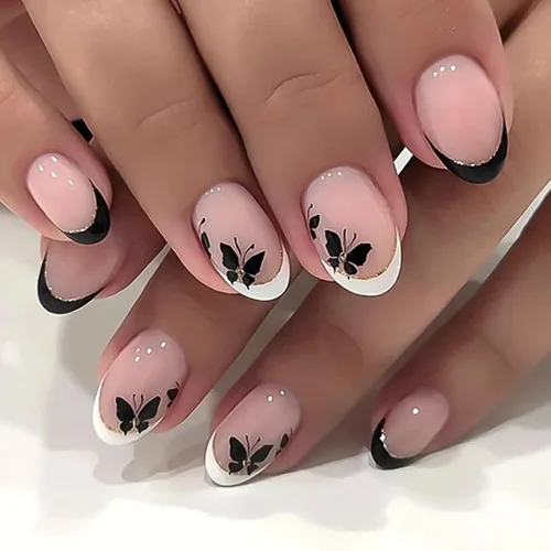 Vista 24 de Uñas postizas ovaladas cortas a presión, uñas doradas, uñas adhesivas brillantes, uñas acrílicas nude, con diseños de punta francesa 3D, uñas