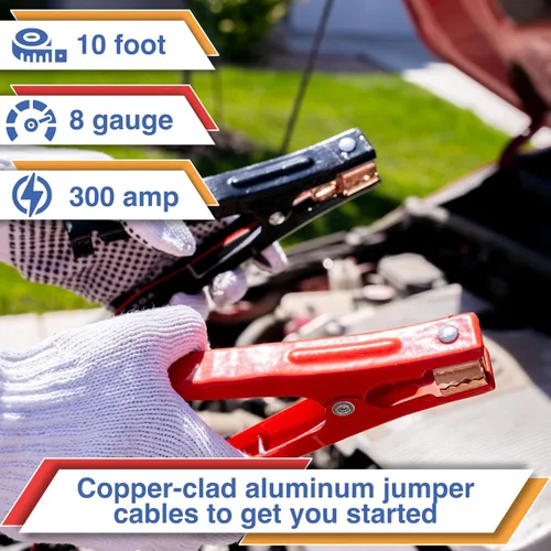 Vista 4 de Kit de emergencia para automóvil con compresor de aire, cables de puente, primeros auxilios, correa de remolque, medidor de neumáticos, faro