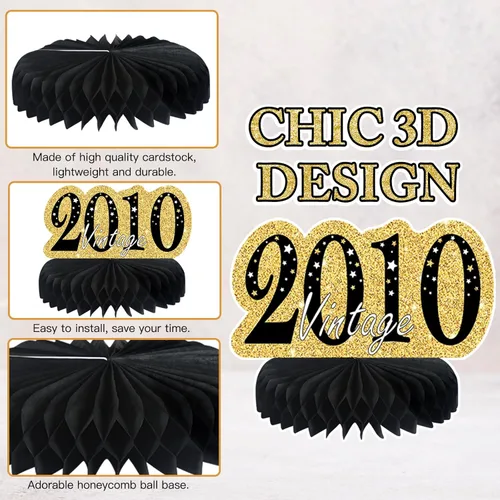 Vista 3 de 9 piezas de decoración de cumpleaños negro dorado 16 centros de mesa de panal para niños y niñas, centros de mesa de feliz cumpleaños 16