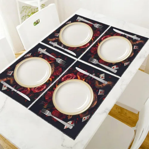 Vista 5 de Halloween Poker Red Rose Fire Skull Placemats Set of 6 Resistant Table Mats Washable Place Mats for Dinner Party Table Decoration