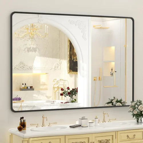 Vista 45 de OKPAL Espejo de Baño con Marco de Metal Negro de 40 x 36 Pulgadas para Pared, Espejo de Tocador de Baño Negro Mate, Espejo Rectangular Redondeado