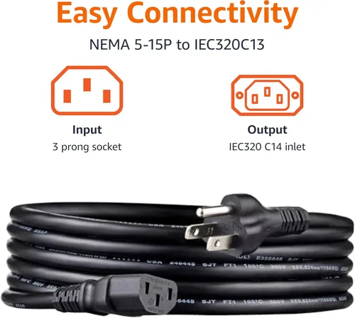 Vista 3 de Amazon Basics - Cable de alimentación para PC, 10 pies, paquete de 5, cable de alimentación de CA para monitor, computadora, TV, 3 clavijas, 18 AWG