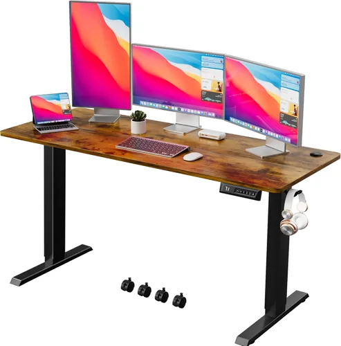 Shahoo Escritorio eléctrico de pie de 55 pulgadas, mesa ergonómica de altura ajustable con soporte de metal en forma de T, estaciones de trabajo