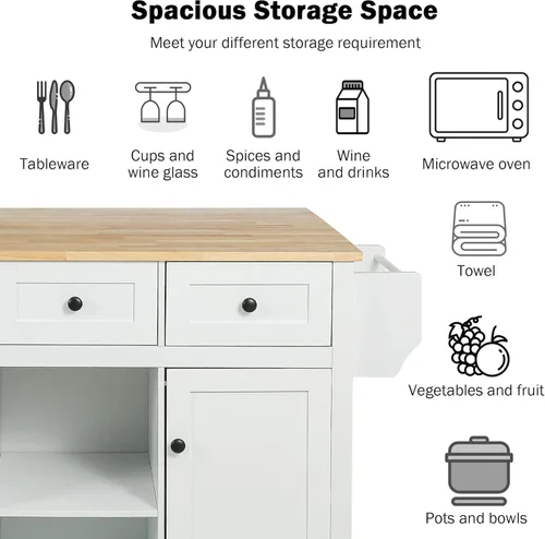 Vista 42 de P PURLOVE Carrito de isla de cocina con parte superior de madera y ruedas de bloqueo, carrito móvil de isla de cocina con armario de 4 puertas