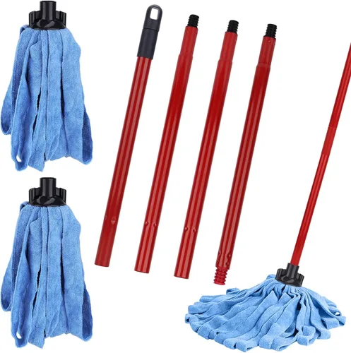 Vista 7 de Reemplazos de cabezales de tela de fregona de microfibra: un mango de fregona con dos cabezales de tela de microfibra azules compatibles con todos