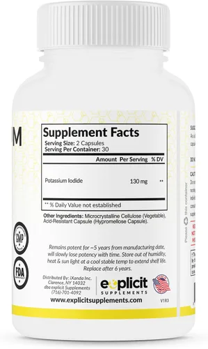 Vista 5 de Cápsulas de yoduro de potasio (3 unidades) dosis de 130 mg – 90 porciones – Apoyo y defensa de la tiroides – KI Potassium Yodine Thyroid Support