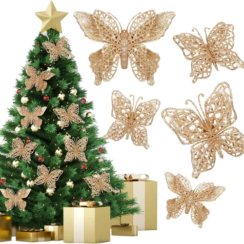 Liliful 32 piezas de adorno de mariposa de purpurina navideña con clip, mariposa hueca, decoración de Navidad artificial, adorno colgante con clip