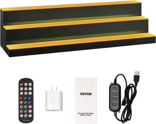 Vista 9 de VEVOR Exhibidor de Botellas de Licor con Iluminación LED, 3 Niveles de 40 Pulgadas, Compatible con USB, Estante de Bar Iluminado para el Hogar