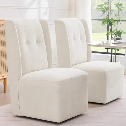 Vista 18 de Silla de comedor con ruedas, moderna silla giratoria tapizada sin brazos con ruedas para cocina, sala de estar (tela beige)