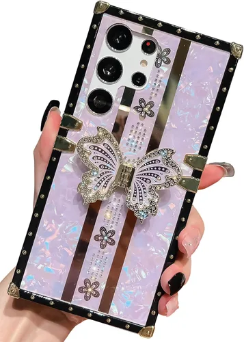 Vista 40 de Funda de Lujo para Niñas Compatible con iPhone 14 Pro Max de Rectángulo Diseñada con Soporte de Anillo de Diamante y Pata de Soporte