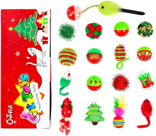 Vista 4 de CHIWAVA Paquete de 17 bolsas de juguete de Navidad para gatos, surtido de juguetes variados, juego interactivo para gatitos
