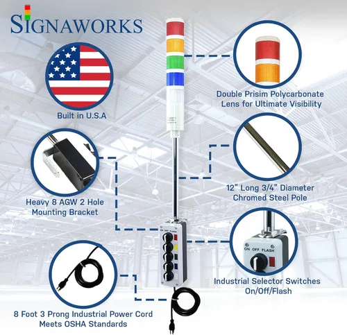 Vista 3 de Signaworks Luz LED de torre Andon de 5 pilas superbrillante, 3 puntos de encendido y apagado, rojo/ámbar/verde/azul/blanco, cable de alimentación