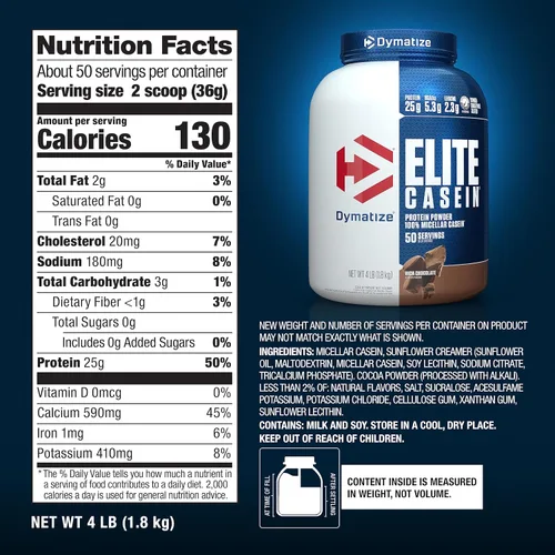 Vista 6 de Dymatize Elite - Proteína en polvo de caseína, chocolate, 100% caseína micelar, 25g de proteína, 5.4g de BCAA, 2.3g de leucina, absorción lenta