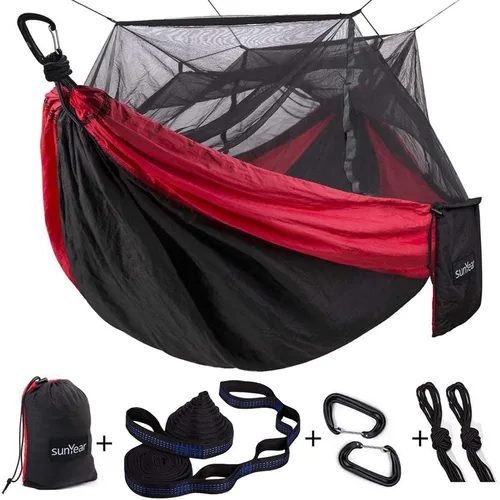 Vista 14 de Sunyear Hamaca de Camping, Hamaca Portátil Individual y Doble con Red, Tienda de Hamaca para 2 Personas con 2 Correas de 3 metros, Ideal