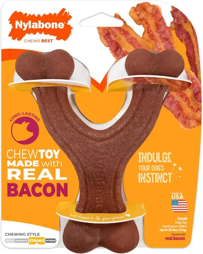 Vista 14 de Nylabone Paquete de 4 juguetes masticables fuertes para perros, hechos con tocino real, bisonte, venado, carne de res y pollo, huesos duraderos