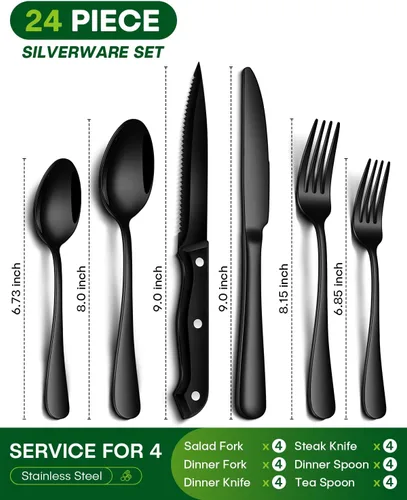 Vista 2 de PHILIPALA Juego de cubiertos negros de 24 piezas con cuchillos de carne, juego de cubiertos de acero inoxidable de grado alimenticio para 4, juego