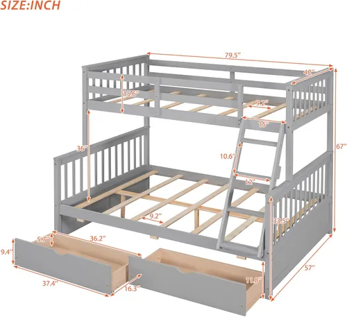 Vista 65 de Harper & Bright Designs Litera de tamaño matrimonial sobre matrimonial con 3 cajones, litera de madera maciza con almacenamiento y riel