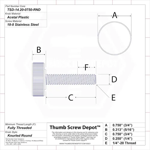 Vista 2 de Tornillo de pulgar de acero inoxidable de 1/4"-20 x 3/4" - Pomo redondo de plástico moleteado negro - Tornillo de rosca estándar/gruesa - Longitud