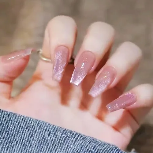 Vista 21 de Uñas postizas a presión largas, con brillo azul y diseño, acabado acrílico brillante, de cobertura completa, uñas postizas reutilizables