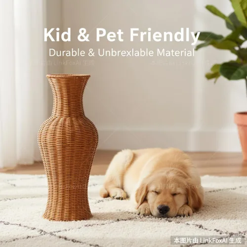Vista 4 de Jarrón de mimbre tejido de ratán, jarrón de mimbre hecho a mano de 17 pulgadas de alto para flores secas y hierba de pampas, suelo rústico de granja
