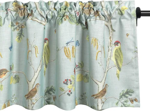 Vista 11 de Leeva - Cortinas azules con nudo para ventanas de cocina, estampado de pájaros, lino con bolsillo para varilla, textura para cortina pequeña