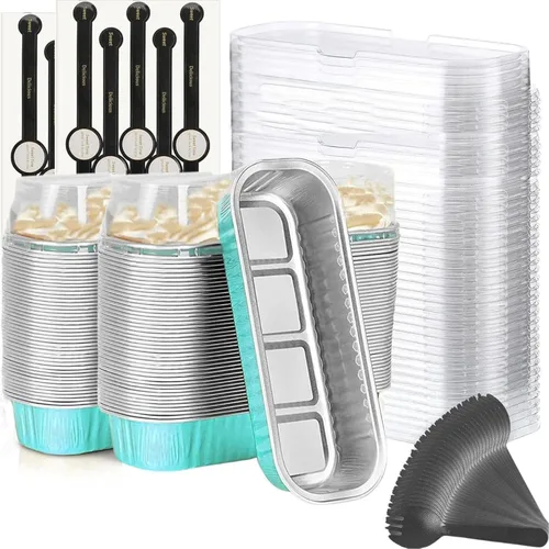 Vista 10 de Findful Mini Moldes para Hornear Pan con Tapas y Cucharas (Paquete de 50, 6.8oz) Moldes Rectangulares de Papel de Aluminio para Hornear Recipientes