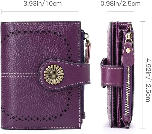 Vista 3 de SENDEFN - Billetera pequeña de piel auténtica para mujer, diseño plegable con ventana para tarjeta de identificación