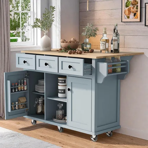 Vista 137 de LUMISOL Carrito de isla de cocina con ruedas de bloqueo con 2 cajones y 4 gabinetes, isla de cocina rodante con estantes ajustables, mesa de madera