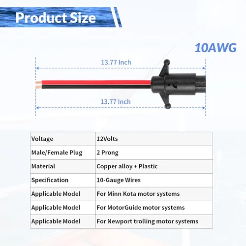 Vista 2 de Enchufe de motor de arrastre de calibre 10, 2 cables de 12 V-24 V, compatible con Minn Kota Marine Boat Motor de arrastre impermeable, conexión
