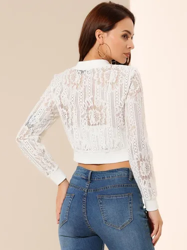 Vista 5 de Allegra K - Chaqueta corta de mujer con cuello levantado, cremallera, sexy, transparente, de encaje gótico, ligera, estilo béisbol