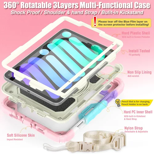 Vista 6 de SEYMAC stock Funda para iPad Mini 7 (A17 Pro) 2024/Mini 6 de 8.3 pulgadas con protector de pantalla portalápices [correa de mano giratoria 360º]