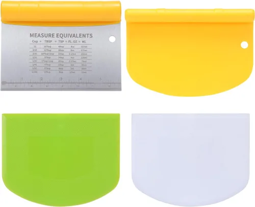 Suanyok Raspador de banco de acero inoxidable y raspador de tazón de plástico flexible, juego de 4 piezas, cortador de pan/pastelería/pizza,