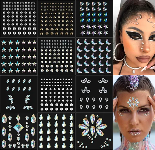 Vista 10 de 6 hojas de joyas para la cara, gemas para la cara, diamantes de imitación autoadhesivos para maquillaje, accesorios para disfraces de festivales