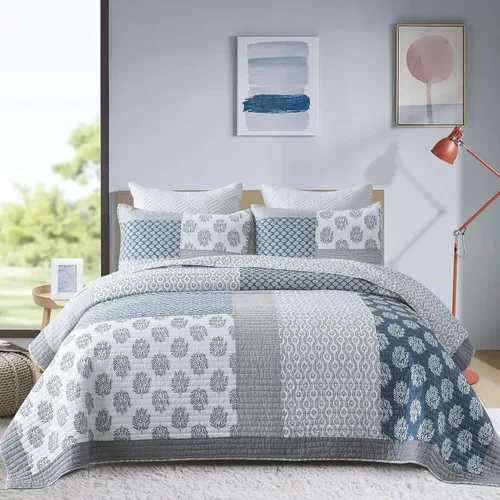 Y-PLWOMEN Colchas tamaño Queen, 100% algodón, ligero, suave, tamaño Queen, azul, gris, blanco, acolchado, juego de ropa de cama reversible de