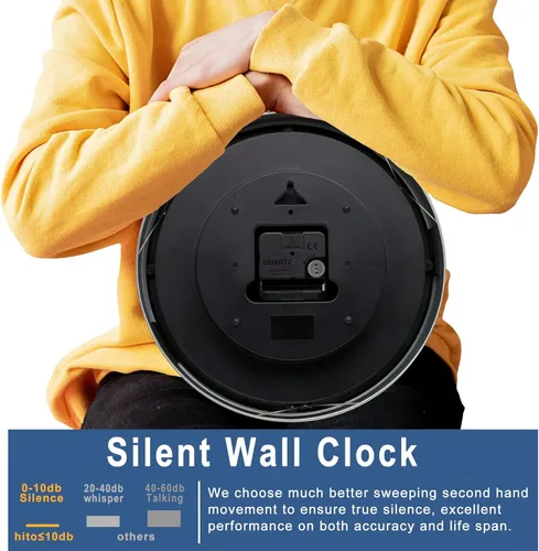 Vista 4 de HITO Reloj de pared silencioso de 10 pulgadas, funciona con pilas, sin tictac, cubierta de vidrio, marco de aluminio plateado, para decoración