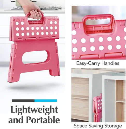 Vista 7 de Handy Laundry Taburete plegable ligero, lo suficientemente resistente como para apoyar a adultos y lo suficientemente seguro para niños, se abre Rosa